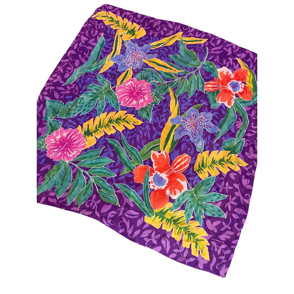 Liz Claiborne Womens Vintage Purple Floral Silk Scarf Wrap Square 30x30